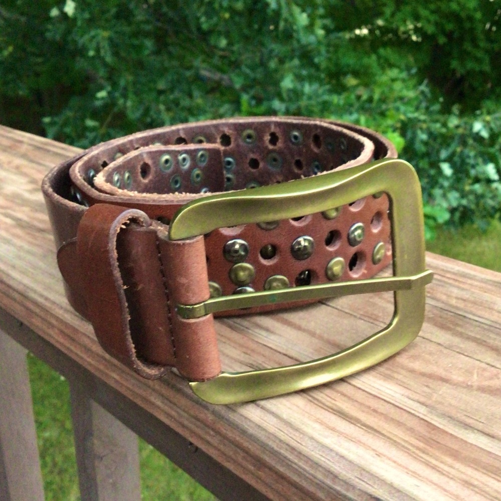 Brown Leather Belt with metal rivets & a Brass Buckle